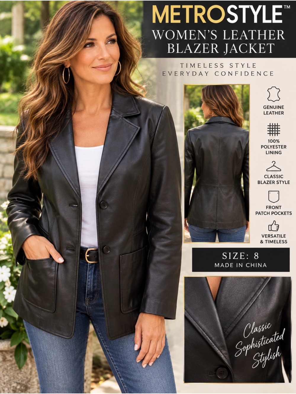 METROSTYLE Womens Genuine Leather Black Blazer Lined Pockets Notch Lapel 8